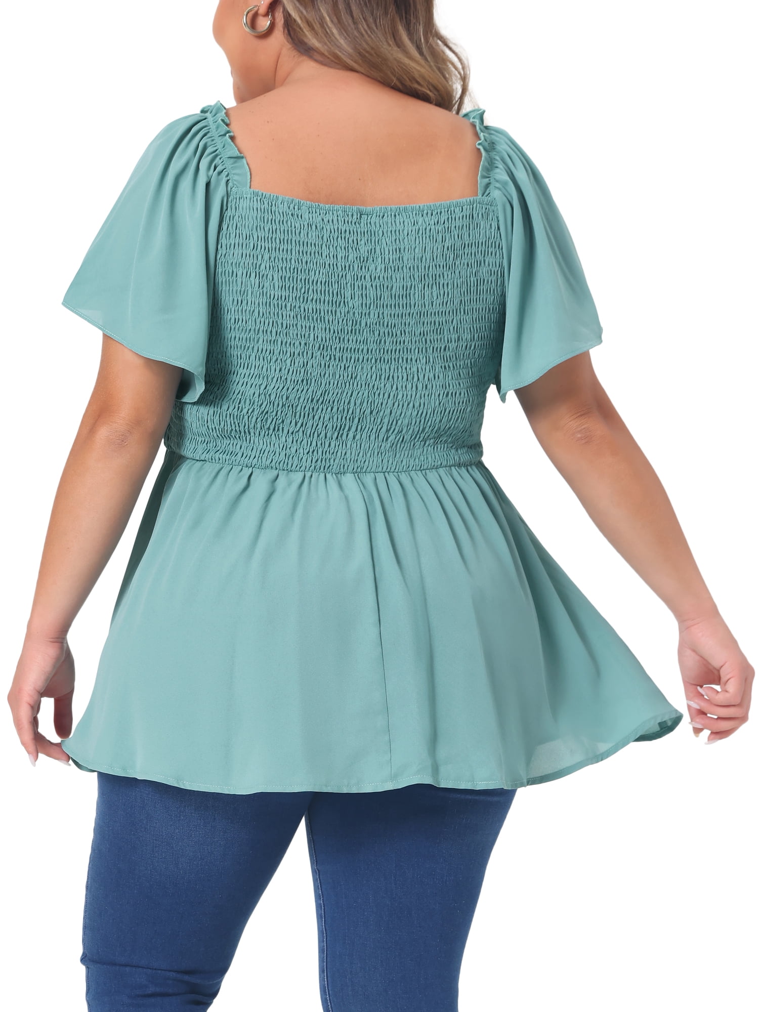 DARING DIVA Women's Plus Square Neck Ruffle Hem Blouse 4X Green
