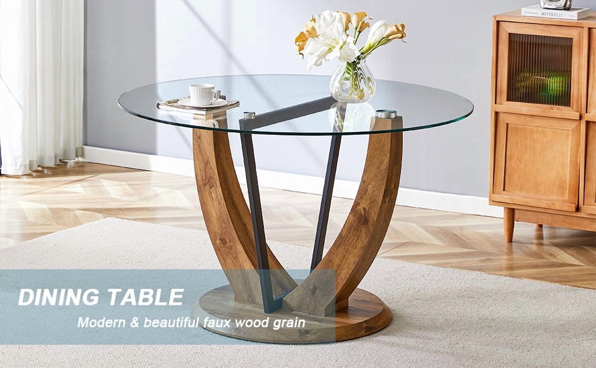 Table de salle à manger ronde Noble House 122 cm, plateau en verre trempé 1 cm d'épaisseur, transparent et bois