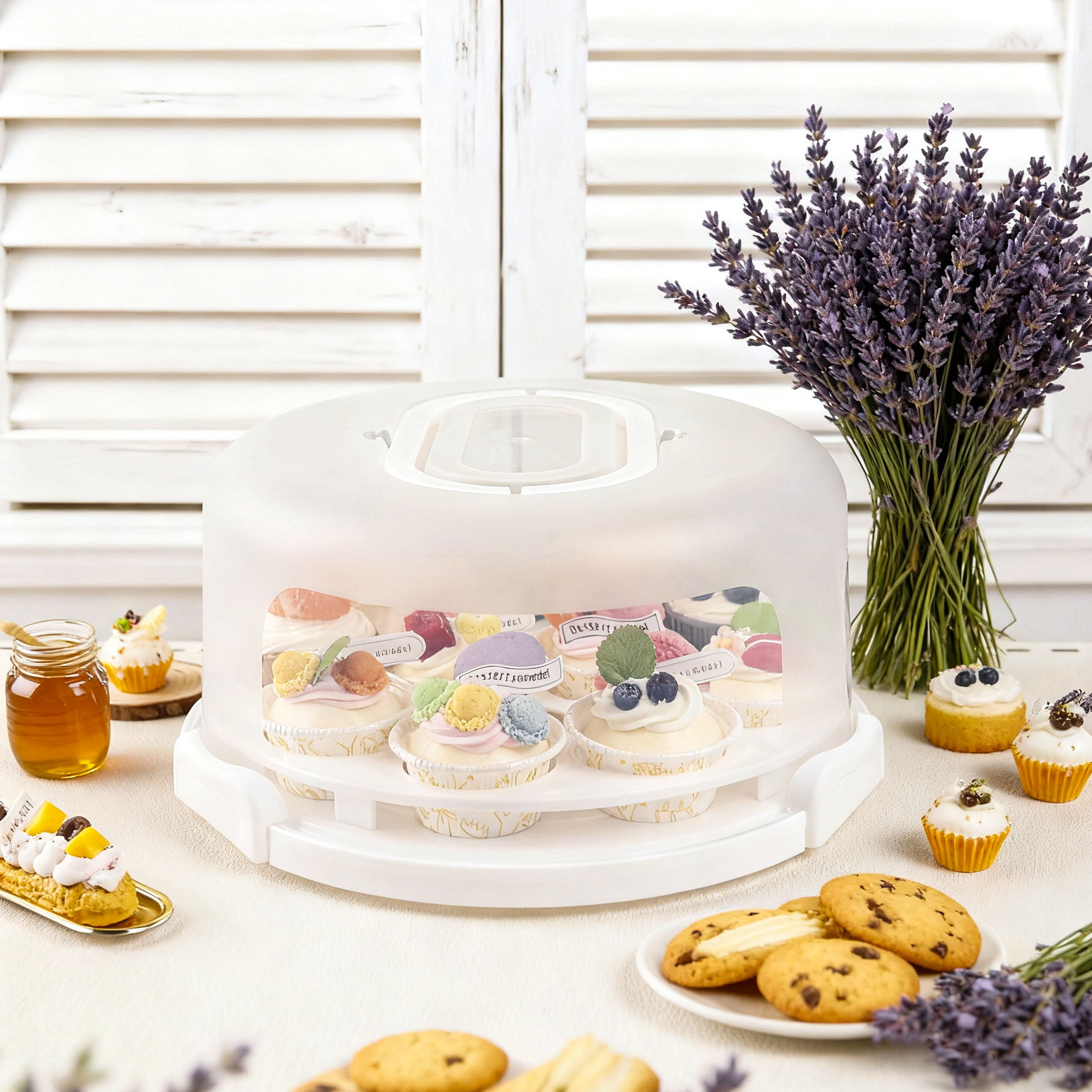 4-in-1 White Cake Container with Lid, Round Plastic Cupcake Holder