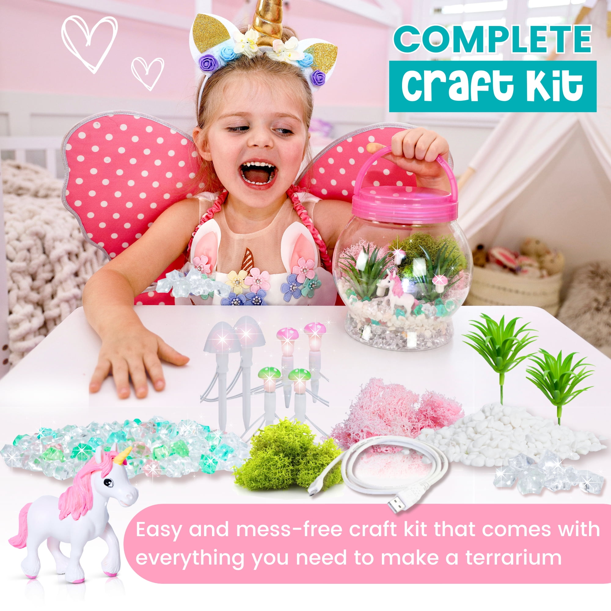 Amitie Lane DIY Itsy Unicorn Terrarium, LED Mushroom Lights, Arts & Craft, Girls Ages 6+
