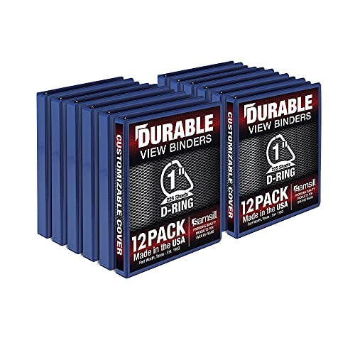 Samsill Durable 1 Inch Binder, Made in the USA, D Ring Binder, Customizable Clear View Cover, Blue, 12 Pack, Each holds 225 Pages