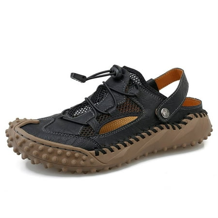 

SENBURNY Men s Fashion Genuine Leather Plain Color Breathable Soft In Sole Lace Up Sandals Men s Stitched Wear-resistant Closed-toe Shoes For Outdoor Beach