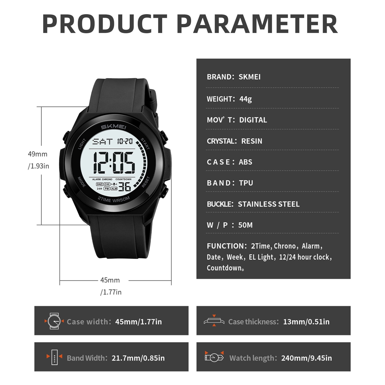 SKMEI Mens Digital Watch, Sport Military Watches for Men Waterproof LED Screen Large Face Tactical Watch with Dual Time Alarm Stopwatch Wrist Watch