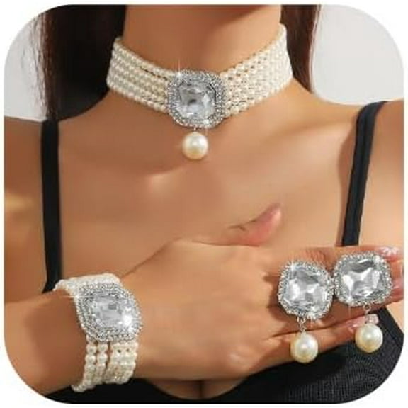 Fashion Bride Silver Black Green Bridal Layered Rhinestone Crystal 1920s Faux Pearls Necklace Earrings Bracelet Set Wedding Jewelry Set Rose Red Square Choker Necklace for Women