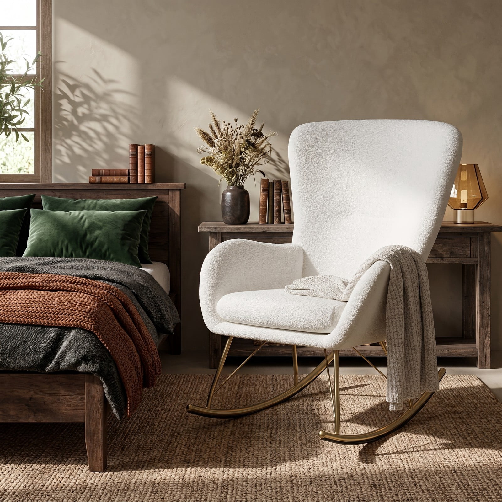 Furnibear Nursery Rocking Chair with Curved Backrest and Armrests, Upholstered Teddy Fleece Glider Rocker with Metal Legs for Living Room Bedroom Nursery, 330, White