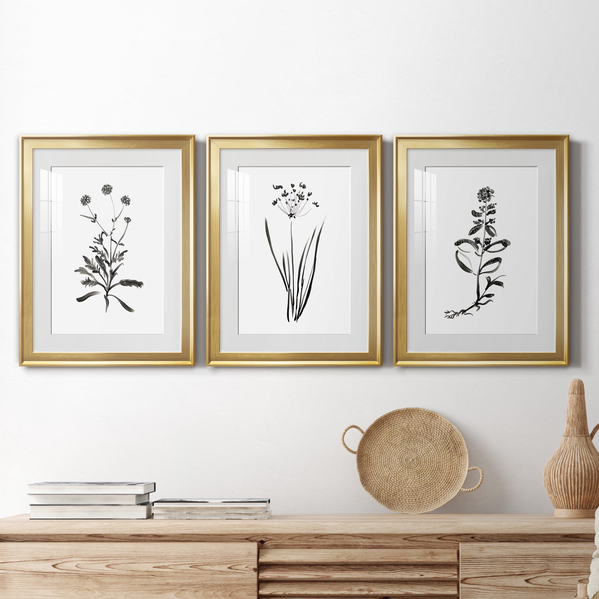 Inky Botanical I Premium Framed Prints Set of 3 - Ready to Hang - 18 x 24 Each - Gold Frame