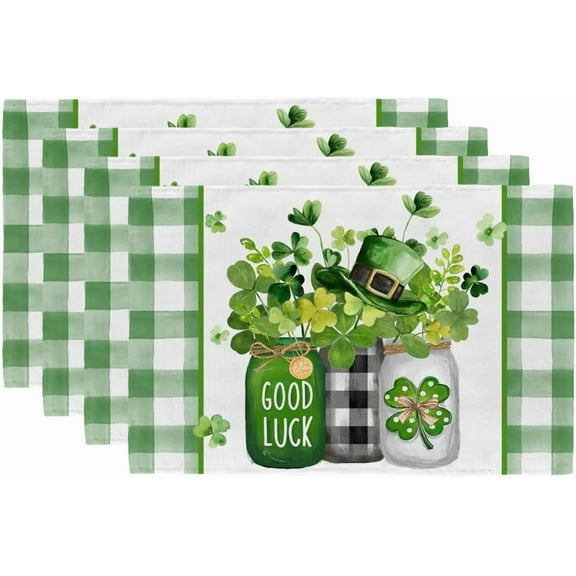 St. Patrick''s Day Placemats 12x18 Inch Set of 4 Shamrocks Plaid Mason Jar Table mats Farmhouse Rustic Holiday Kitchen Dining Table Decoration for Indoor Outdoor Dinner Party Décor GP115-18