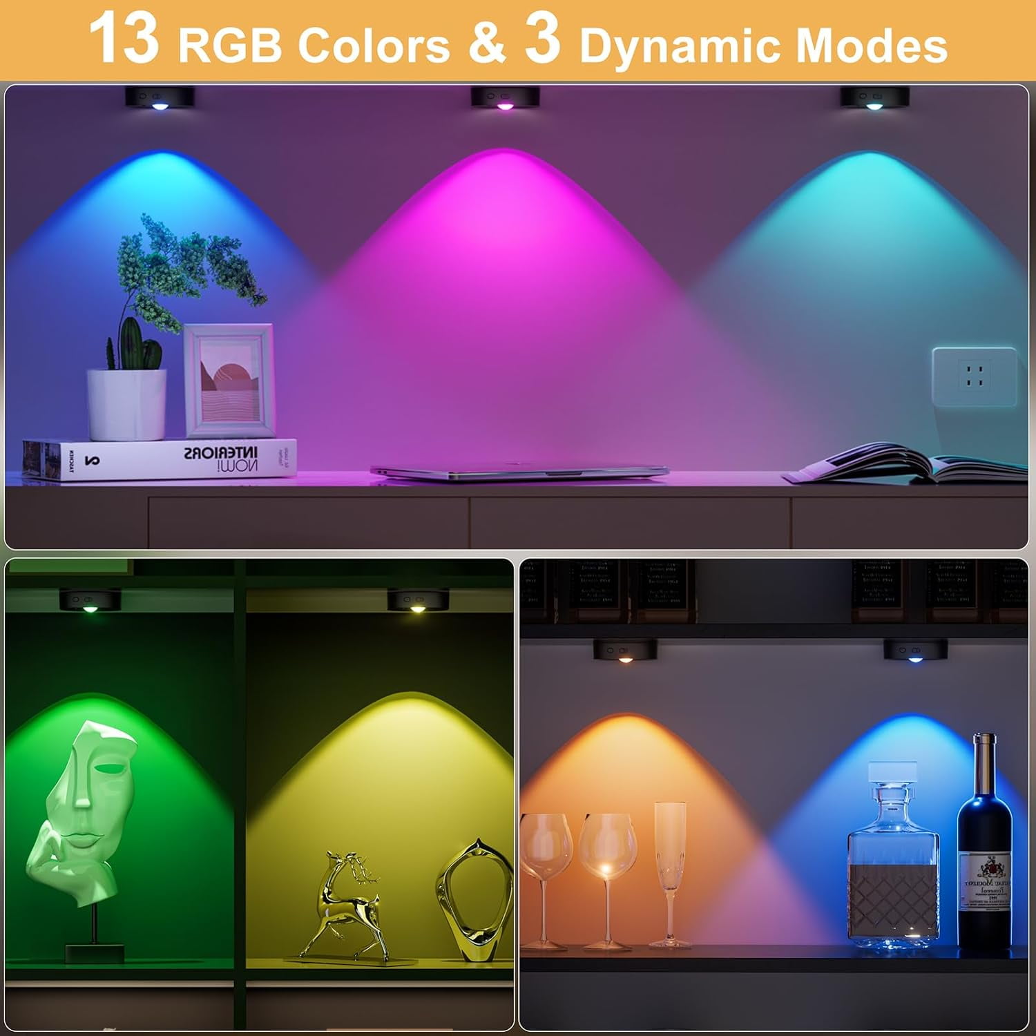 6 under Cabinet Lighting, LED Lights with Remote Control, RGB 13 Color Dimmable, Kitchen Night Light, Battery Powered Light for Kitchen, Wall, Closet, Cabinet, Staircase