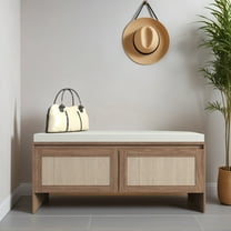 Resenkos PP Rattan Storage Bench with Cushion, Faux Rattan Shoe Cabinet (2 Doors), Mid-Century Modern Wood Entryway Seat- Brown