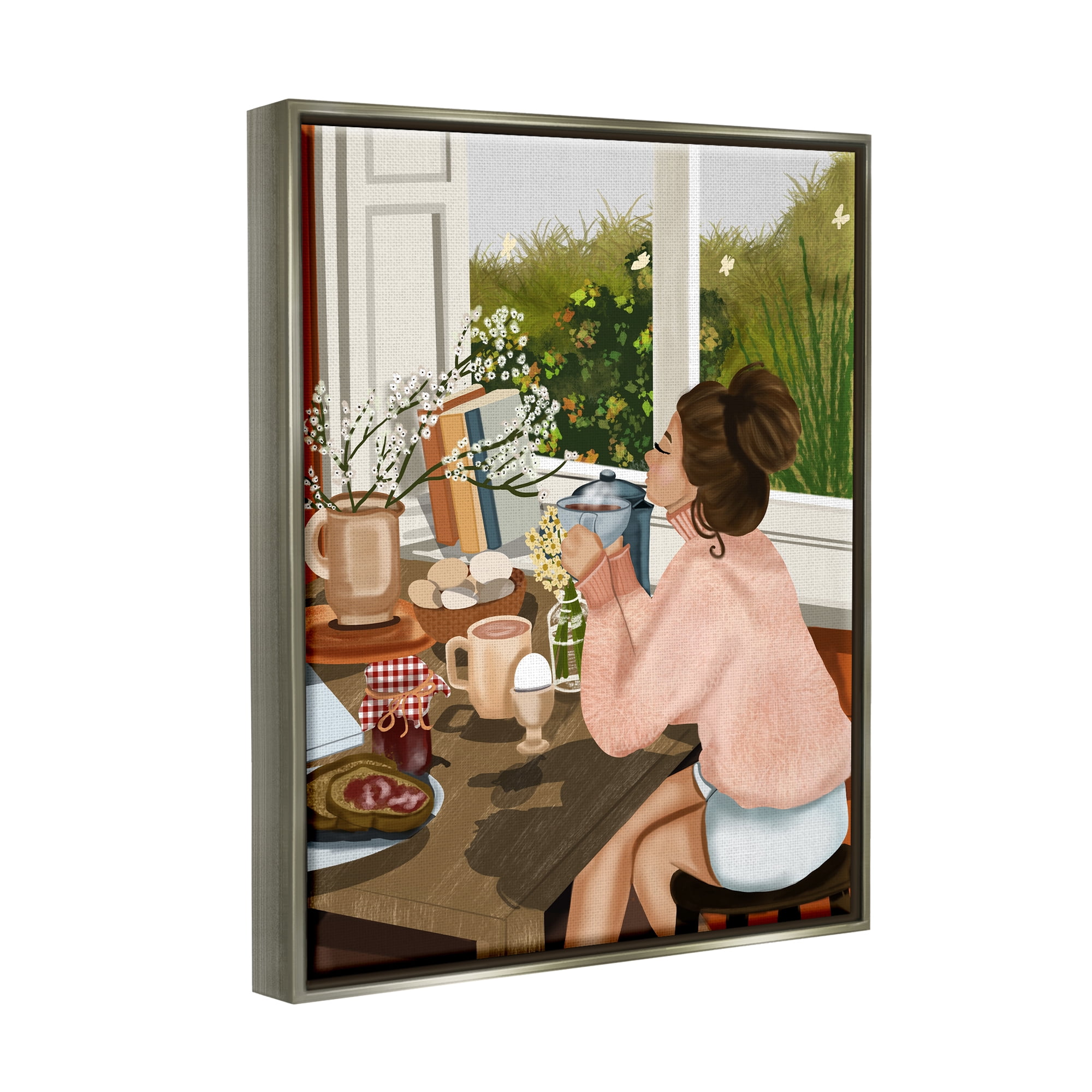 Stupell Industries Girl with Cozy Breakfast Food & Beverage Painting Gray Floater Framed Canvas Art Print Wall Art, 25 x 31