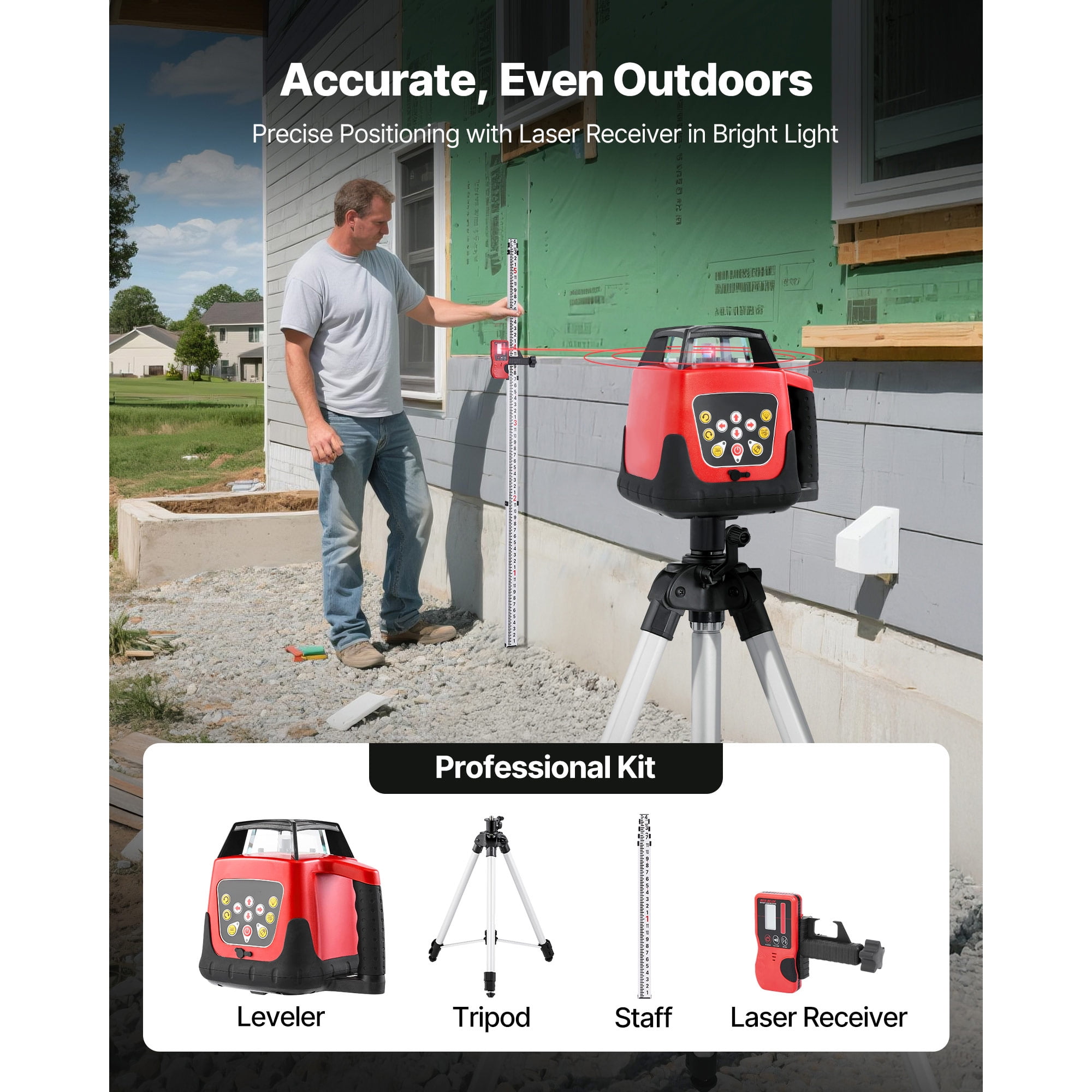 KFFKFF Rotary Laser Level Kit, 1650ft 360° Self-Leveling Red Horizontal Laser with Tripod, Receiver, Remote, Scale, Toolcase, IP66 Waterproof, 0.80in/100ft Accuracy for Construction Projects
