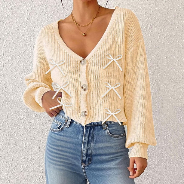 Suéter de cuello en V para mujer, suéter informal, tops, cuello en V alto, manga larga, abrigo con botones, chaqueta, blusa de punto, tops acrílicos para mujer