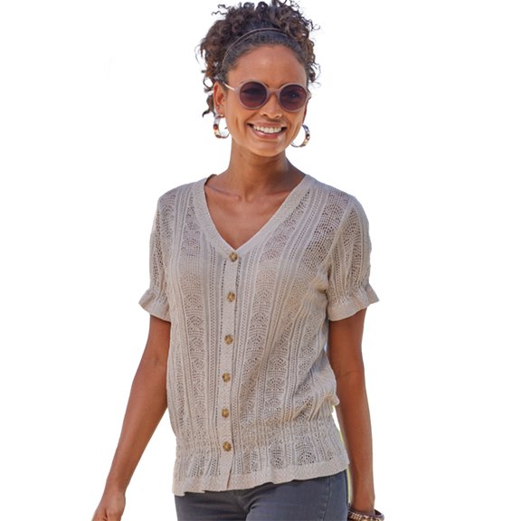 LASCANA Women's Short Sleeve Open Knit Top Buttons
