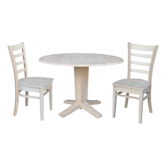 42" Round Solid Wood Drop Leaf Pedestal Dining Table with 2 Dining Chairs