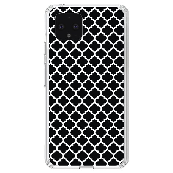 DistinctInk Clear Shockproof Hybrid Case for Google Pixel 4 (5.7" Screen) - TPU Bumper, Acrylic Back, Tempered Glass Screen Protector - Black White Moroccan Lattice