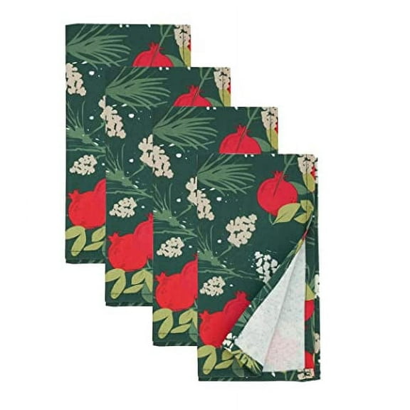 Fennco Styles Pomegranate Design Holiday Cloth Napkins 20" W X 20" L, Set of 4 - Red & Green Harvest Dinner Napkins for Christmas, Seasonal Décor, Banquet, Family Gathering and Special Events