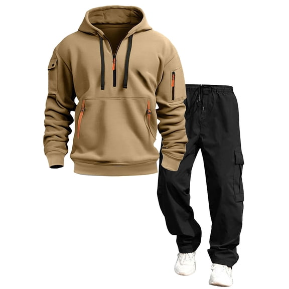 Timoontee Men's Track Suits 2 Piece Set Active Jogging Suits Long Sleeve Quarter Zip Hoodies Pullover Sweatshirts Drawstring Cargo Sweatpants Casual Outfits Black L