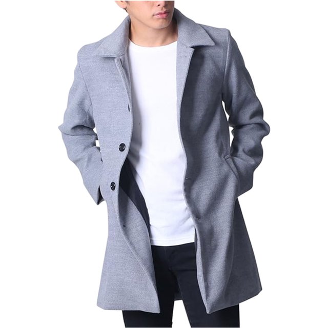 Lovzfmll Men's Wool Blend Trench Coat Notched Lapel Side Pockets Mid-Length Gray, L