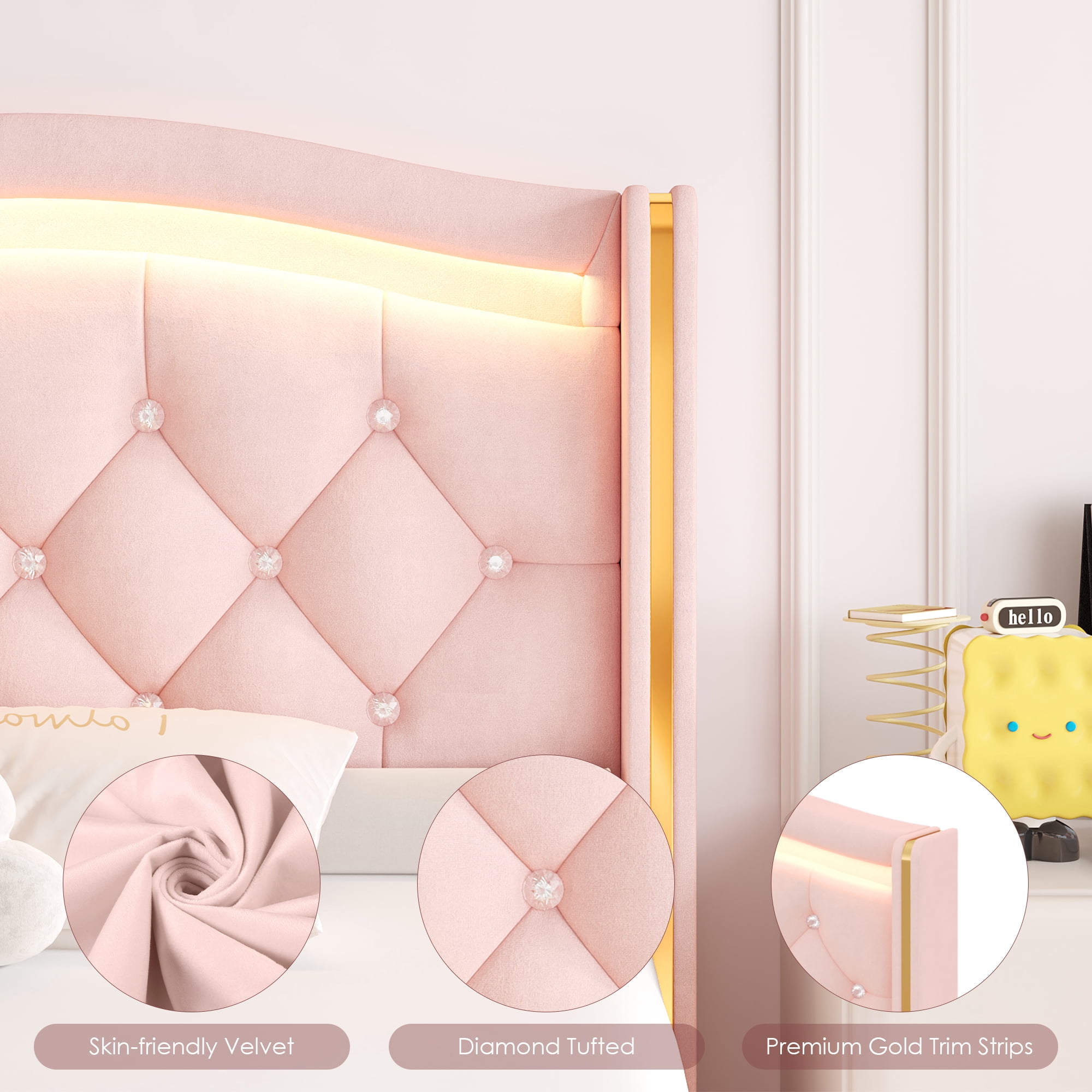 Homfa Twin Size LED Bed Frame with 4 Storage Drawers, Velvet Upholstered Platform Bed with Crystal Buttons Headboard, Pink