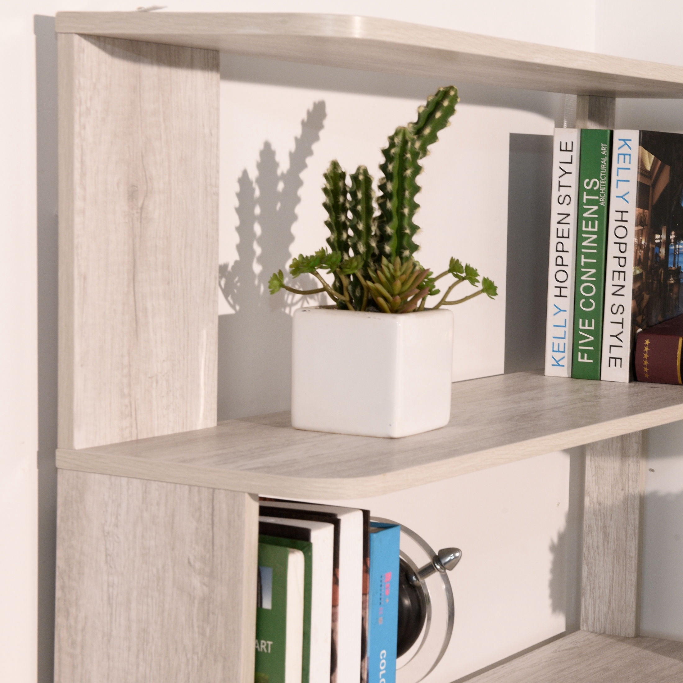 GDF Studio Derwin 5-Tier Corner Bookshelf, L-Shaped Wooden Bookcase for Living Room, Home Office, Light Gray