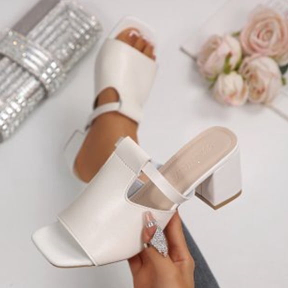Domuza Women's Square Open Toe Heels Sandals Low Block Chunky Heeled Sandal Slip on Mules Comfortable Casual Dress Pumps Shoes for Summer White 9(EU-42)