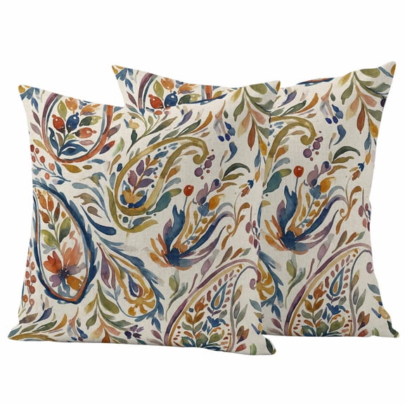 Outdoor Pillow Covers 26 x 26 Inches, Paisley Flower Waterproof Throw Pillow Cover Set of 2, Spring Watercolor Vintage Floral Leaf Plant Decorative Square Cushion Covers for Patio/Tent/Couch/Garden