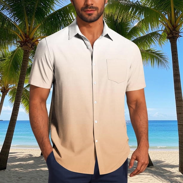Blusa y camisa de manga corta con cuello vuelto para hombre, blusa informal de moda con cuello vuelto, estampado degradado, camisa de manga corta con botones, blusa de poliéster para hombre