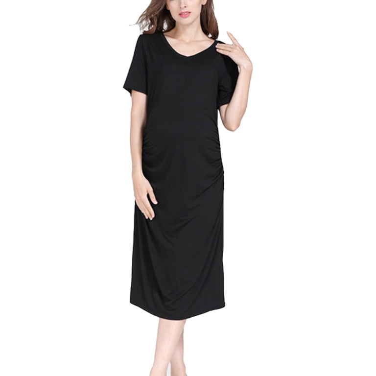 Danhjin Black Dress for Maternity T-Shirt Crew Neck Midi Dress Summer Short Sleeve Solid Color Lightweight Casual Comfy Loose Dress, Infant Girl's,