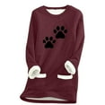 thumbnail image 2 of Feancey Women's Fleece Lined Tops Winter Warm Sherpa Lined Crewneck Pullover Cute Cat Paw Print Loungewear Long Sleeve Thermal Tunic Tops with Pockets Wine M, 2 of 4