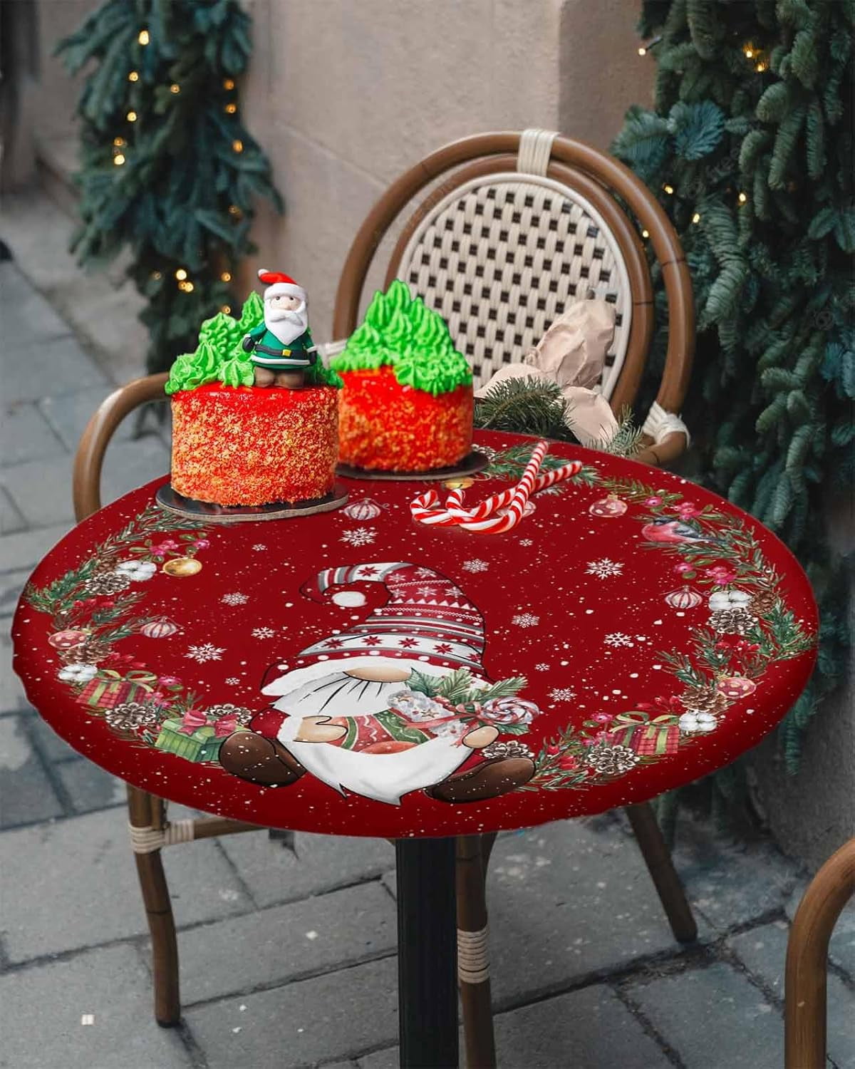 Merry Christmas Fitted Red Tablecloth Waterproof Round Table Cloth,Gnome Xmas Sock Gift Snowflake Tablecloths Pine Cone Ball Elastic Edge Table Cover for Winter Holiday Party Decor,45-52in