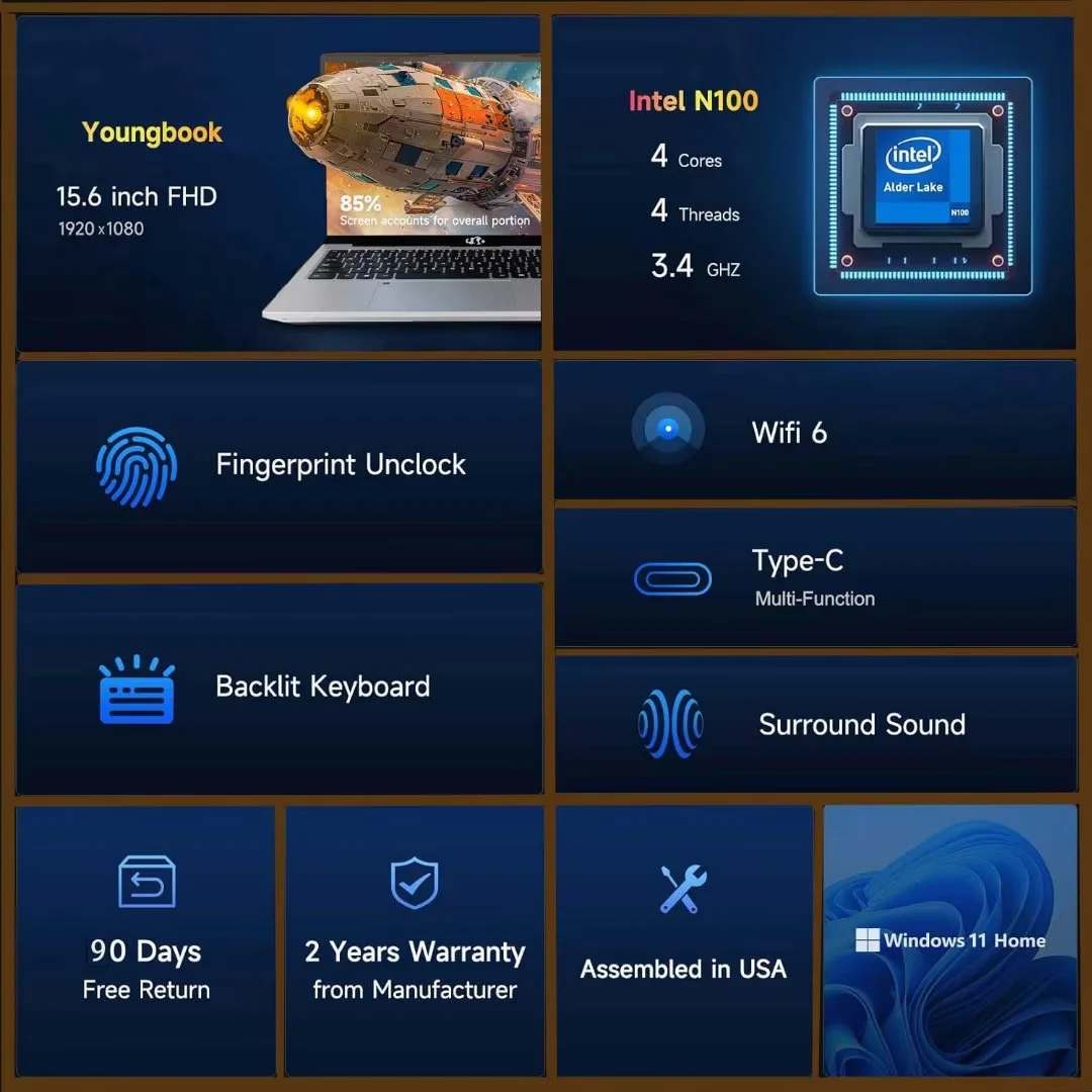 15.6" Laptop Computer, Quad-Core Intel Celeron N100 Processors，Up to 3.4GHz, Laptop Computers with (1920x1080) IPS Display