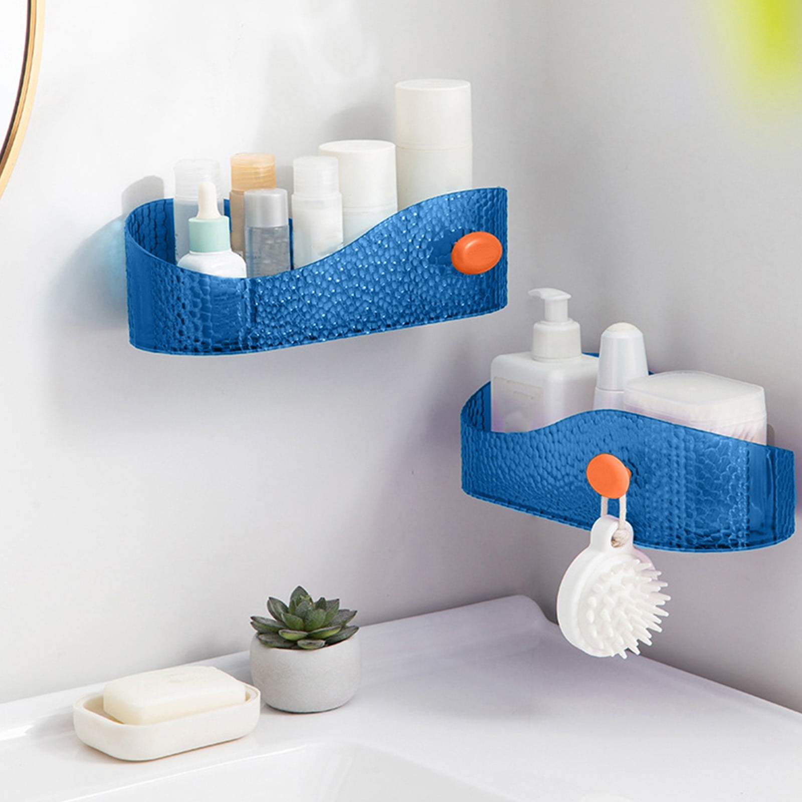 Blue Transparent Bathroom Storage Rack, Wall Mounted Cosmetic Organizer With Hooks And Drain Holes, Plastic Material For Toilet, Washbasin, And Shower, 10.4X5X8In 0.93Lb