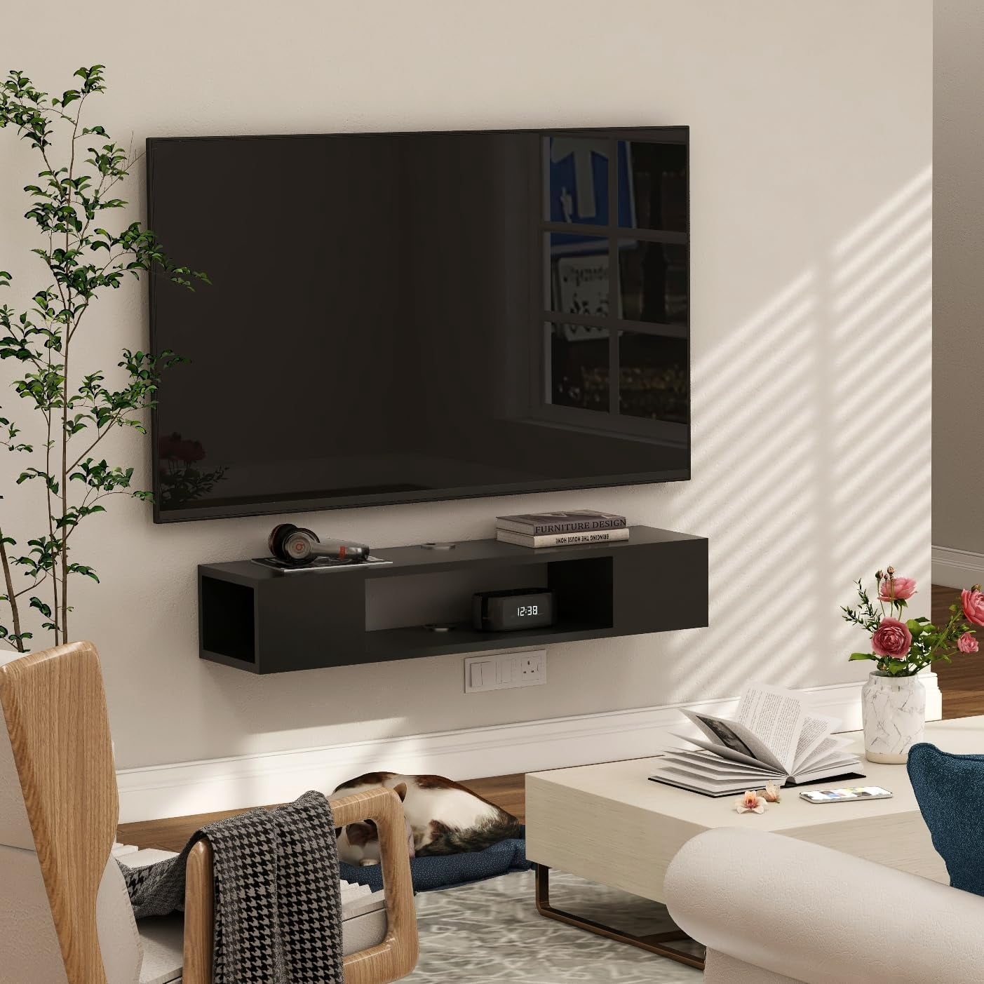 Floating TV Stand, Wall Mounted Entertainment Center and Cabinet Shelf, TV Console with Storage, Media Console for DVD Player, Space-Saving Under TV Shelf for Bedroom (Rustic Brown)