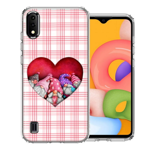 MUNDAZE for Samsung Galaxy A01 Valentine's Day Garden Gnomes Heart Love Pink Plaid Double Layer Phone Case Cover