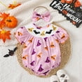 thumbnail image 2 of Gvdentm Baby Girl Halloween Outfit Long Sleeve Bubble Romper Fall Winter Pumpkin Print Smocked Bodysuit(Purple,12-18 Months), 2 of 8