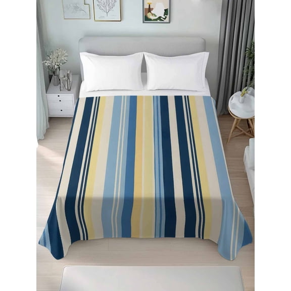Queen Size Flat Sheet Only,Yellow Blue Stripes Farm Soft Top Bed Sheets Breathable Bedding Sheet Retro Watercolor Lines Microfiber Hotel Luxury Top Sheets