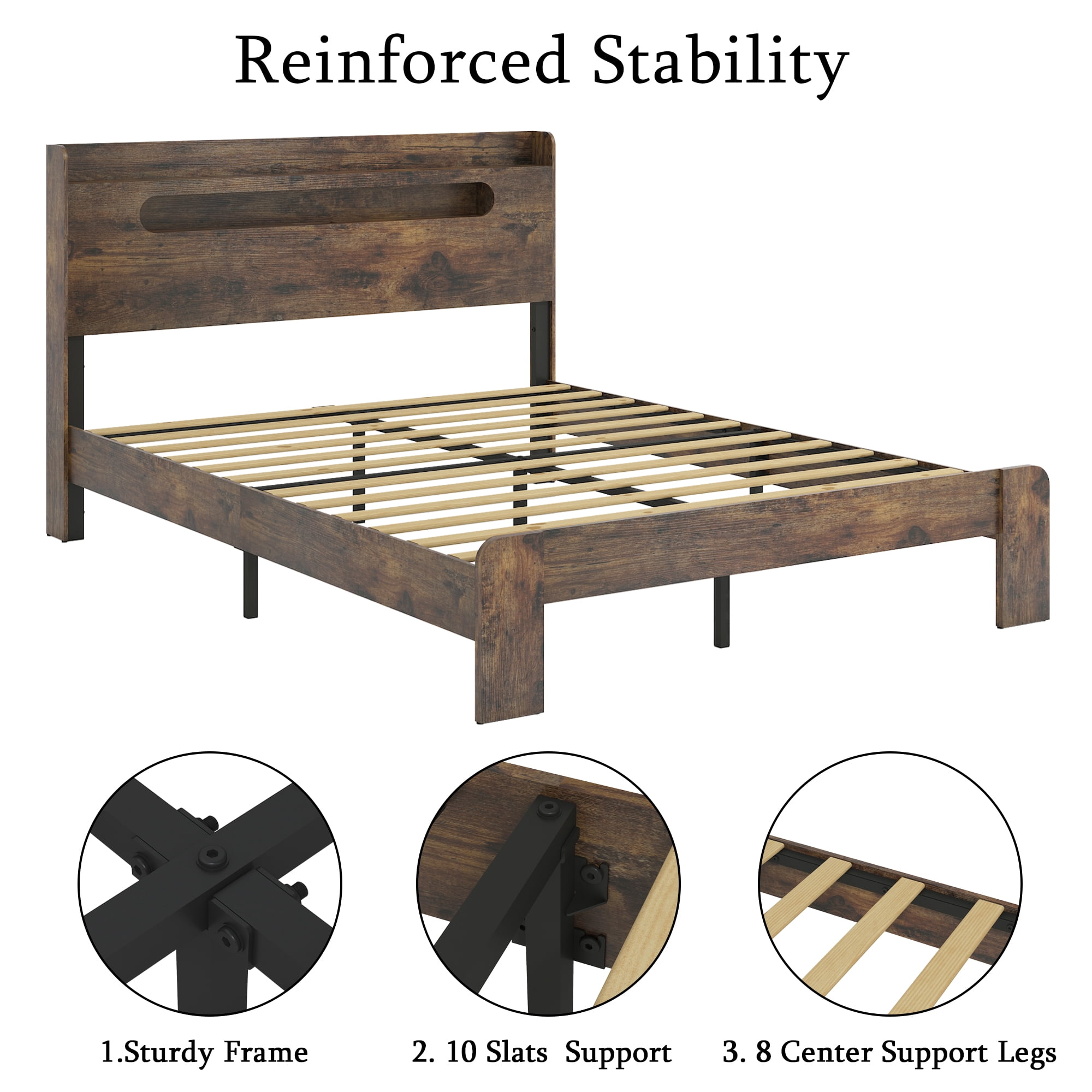 Mintazer Queen Size Wooden Platform Bed Frame with Storage LED Light Headboard and USB Charging Station for Adults Boys Girls, Dark Brown