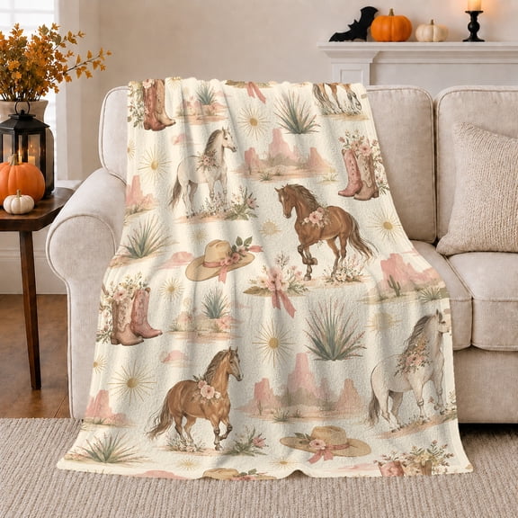 Rustic Western Horse Floral Garland Pattern Cream, Rustic Farmhouse Horse Scene, Warm Flannel Blanket for Ranch House and Living Room, Horse Lovers Housewarming Gift, Rustic Home Decor
