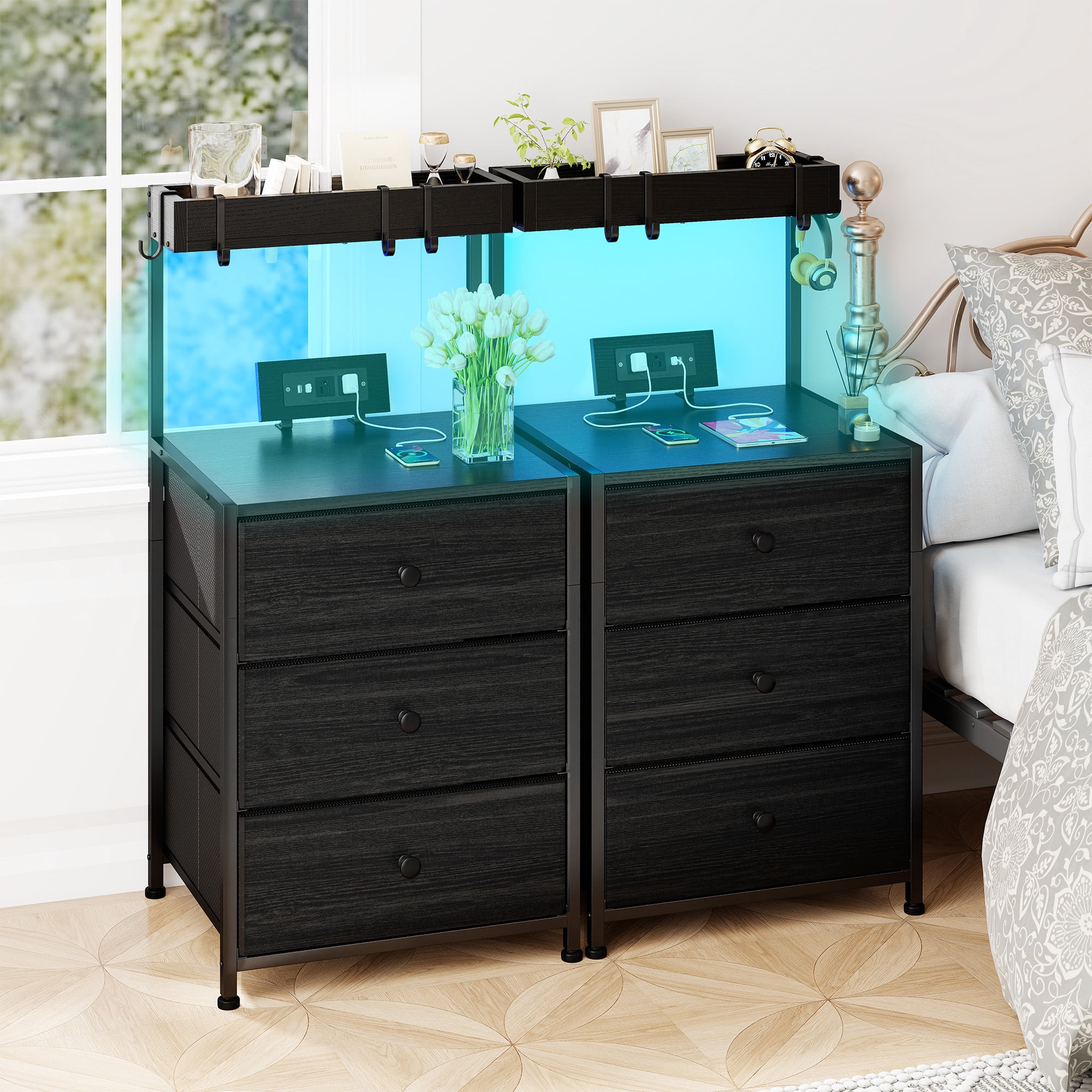 Romorgniz Set of 2 Tall Nightstands with Charging Station,LED Lights,3 Drawers & 4 Hooks,Bedside Tables with Outlets for Bedroom,Black