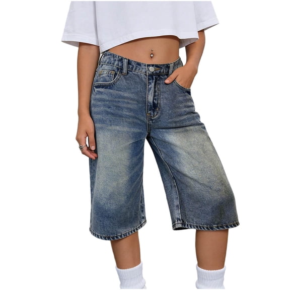 YUANxueke Girls Denim Bermuda Shorts High Waist Wide Leg Shorts Casual Outdoor Jorts with Pockets for 13-18 Years