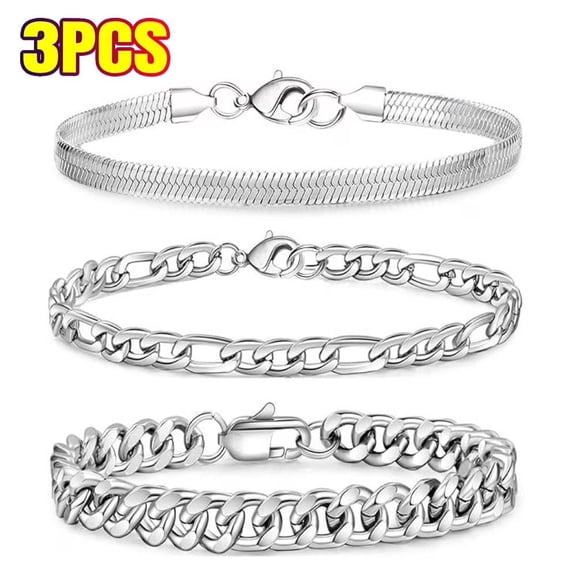 3 PACK Chain Bracelet for Men Women, S925 Sterling Silver Cuban Herringbone Figaro Link Chain Wrist Bracelets Set Jewelry, Bracelets