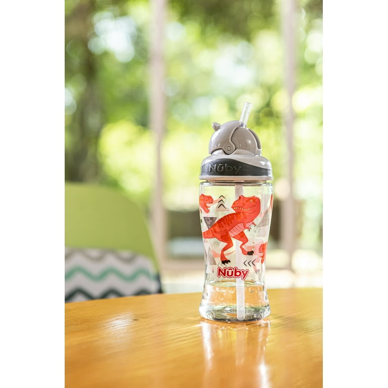 Nuby Thirsty Kids Flip-It Boost Cup, 12 fl oz, Gray Dinosaurs