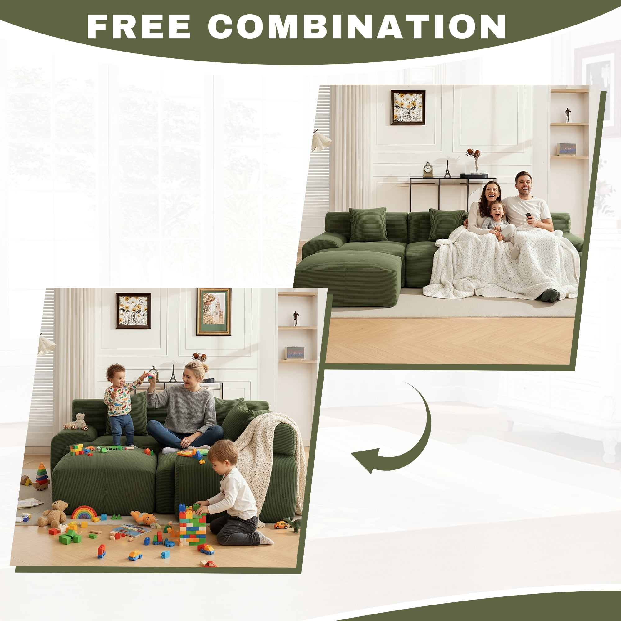 GAOHAPY 107"Modern L Shaped Modular Sectional Sofa, Oversized Corduroy Couch Deep Seat, Boneless Cloud Couch with Ottoman, 30D Sponge for Indoor Living Room, No Assembly Required(Green)