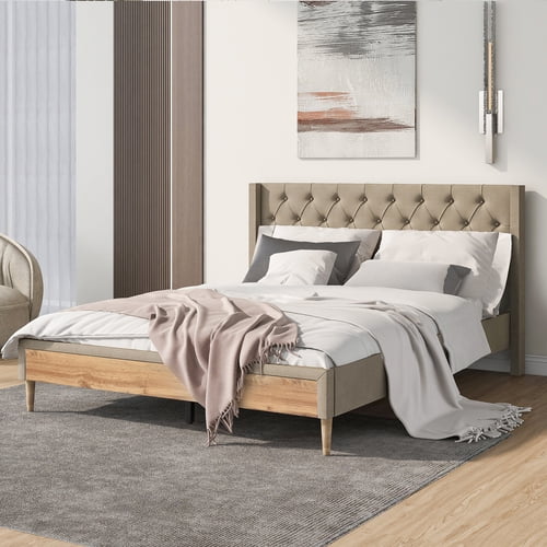 Queen Size Upholstered Platform Bed with Rubber Wood Legs,Heavy Duty