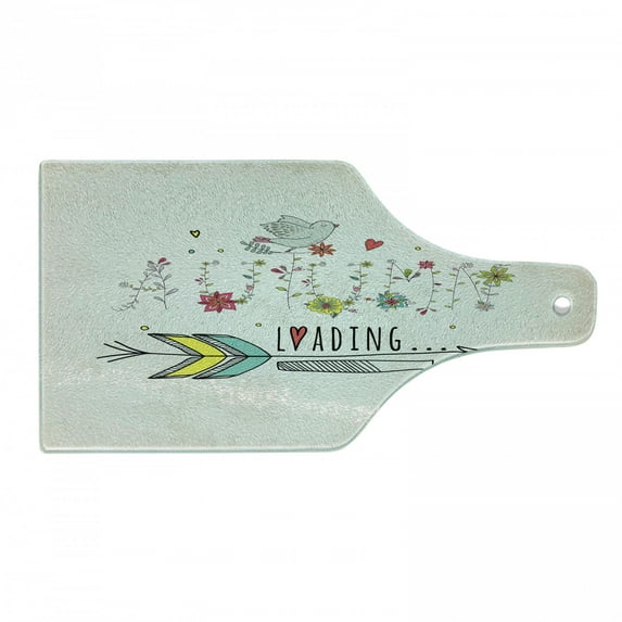 Saying Cutting Board, Autumn is Loading Phrase with Flowers Arrow Floral Elements Vintage Style Art, Tempered Glass Cutting and Serving Board, Wine Bottle Shape, Red Yellow Beige, by Ambesonne