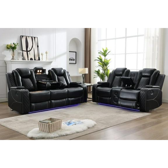 Othniel 2PCS Power Recliner Sofa Sets with Bass Speaker,Wireless Charger LED Light,USB Port,Black