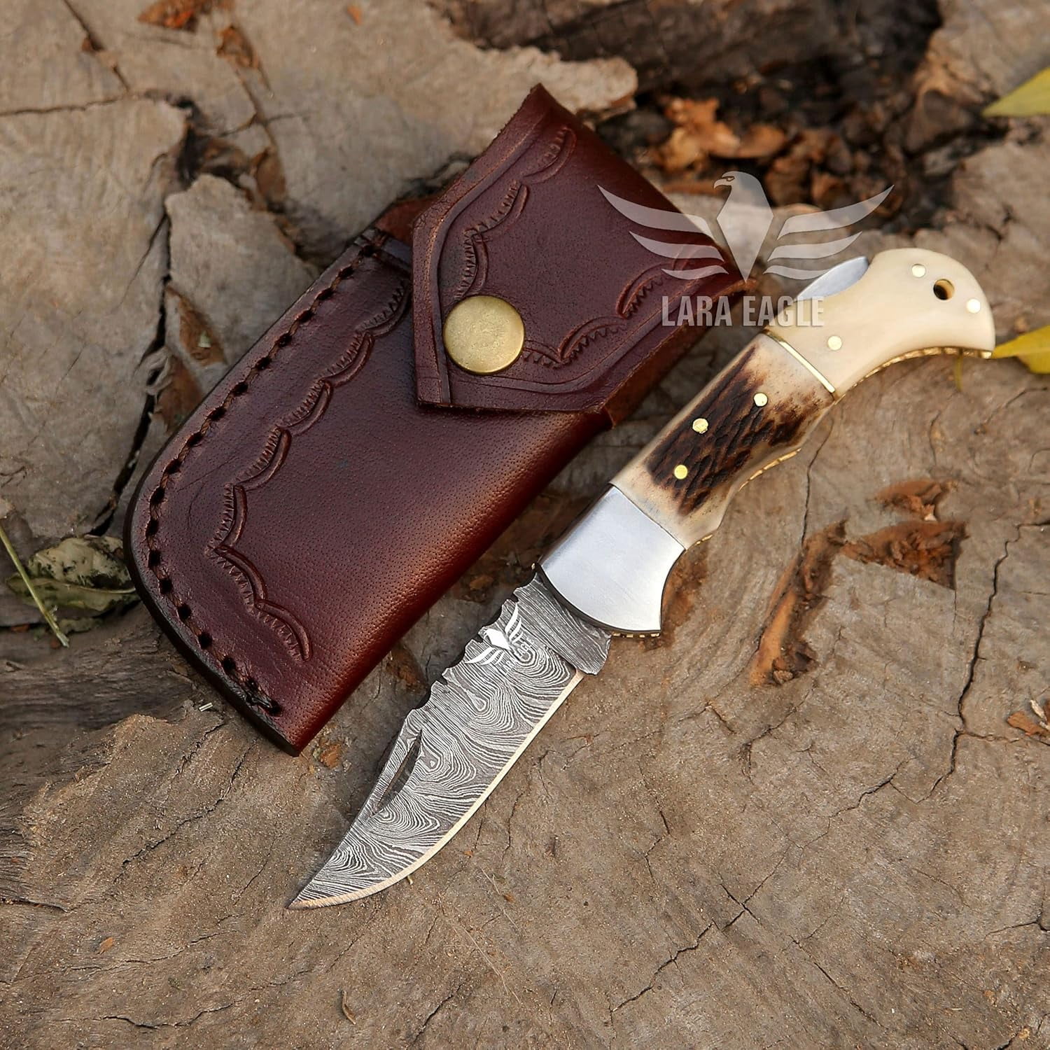 Personalised Damascus Pocket Knife for Men - 133 Layer Solid Steel Handmade Folding Hunting Knives with Sharpner and Leather Pouch - Best Knife for Camping Hunting Hiking