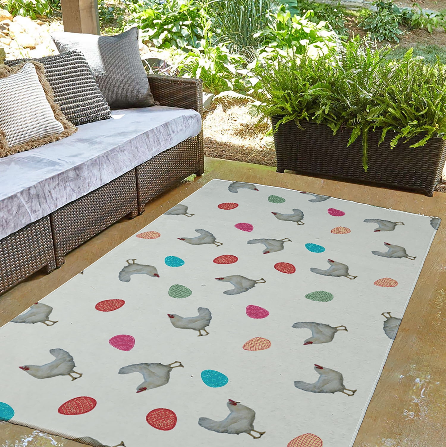 Simply Daisy 3' x 5' Whisper White Chickens and Eggs Easter Chenille Indoor/Outdoor Rug