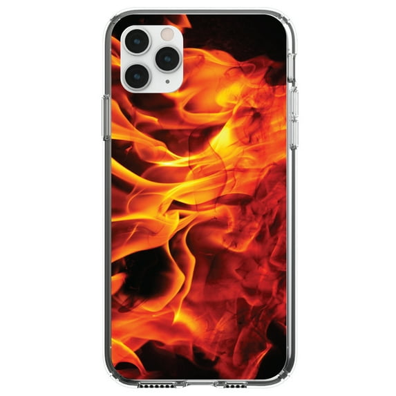 DistinctInk Clear Shockproof Hybrid Case for iPhone 11 (6.1" Screen) - TPU Bumper, Acrylic Back, Tempered Glass Screen Protector - Red Black Flame Fire - Printed Image of Fire