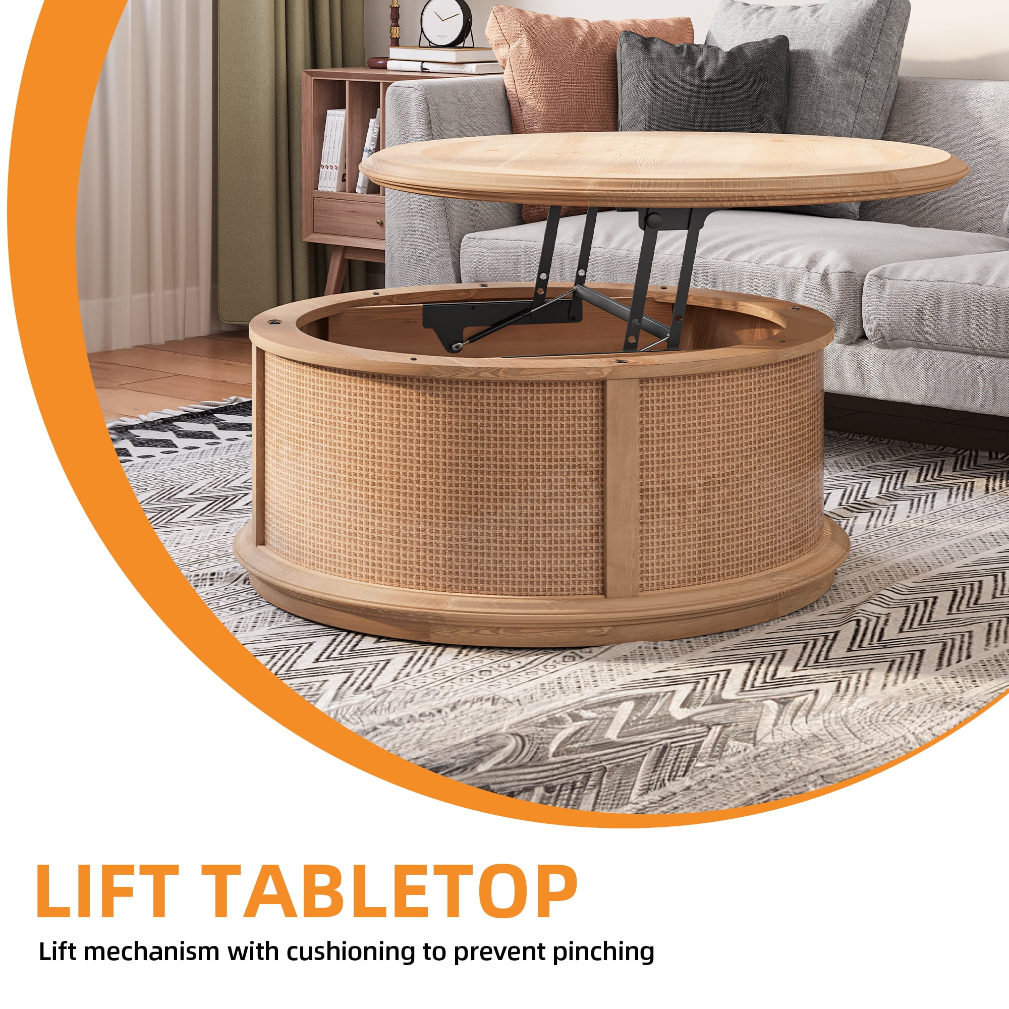 Uforic Round Lift-Top Coffee Table with Rattan Storage, Natural Wood Color, for Living Room & Office